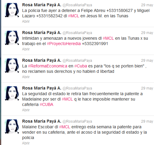 twit de @rosamariapaya denunciando últimas acciones de acoso contra activistas del MCL en todo el país