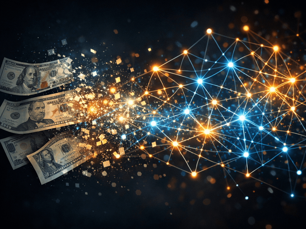 Three US dollar bills dissolving into a glowing interconnected digital network of nodes and lines