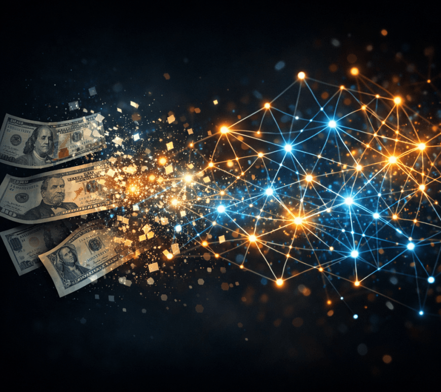 Three US dollar bills dissolving into a glowing interconnected digital network of nodes and lines