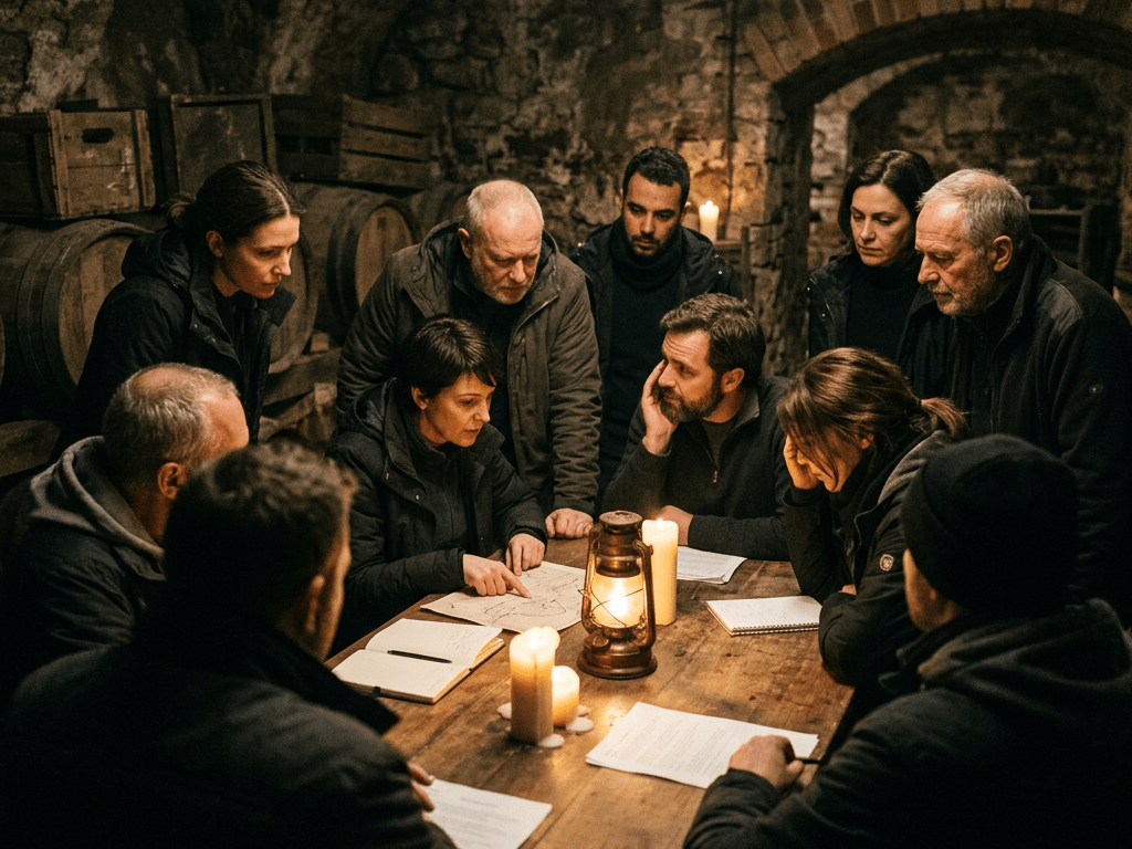 Group of people around a table examining a map with candles and lantern in stone cellar