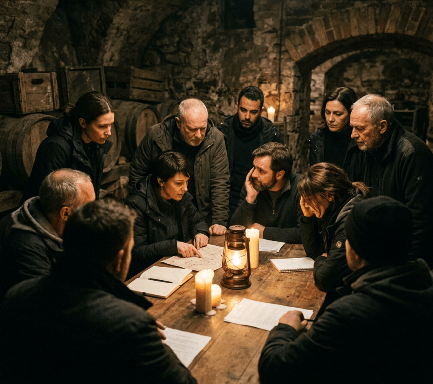 Group of people around a table examining a map with candles and lantern in stone cellar