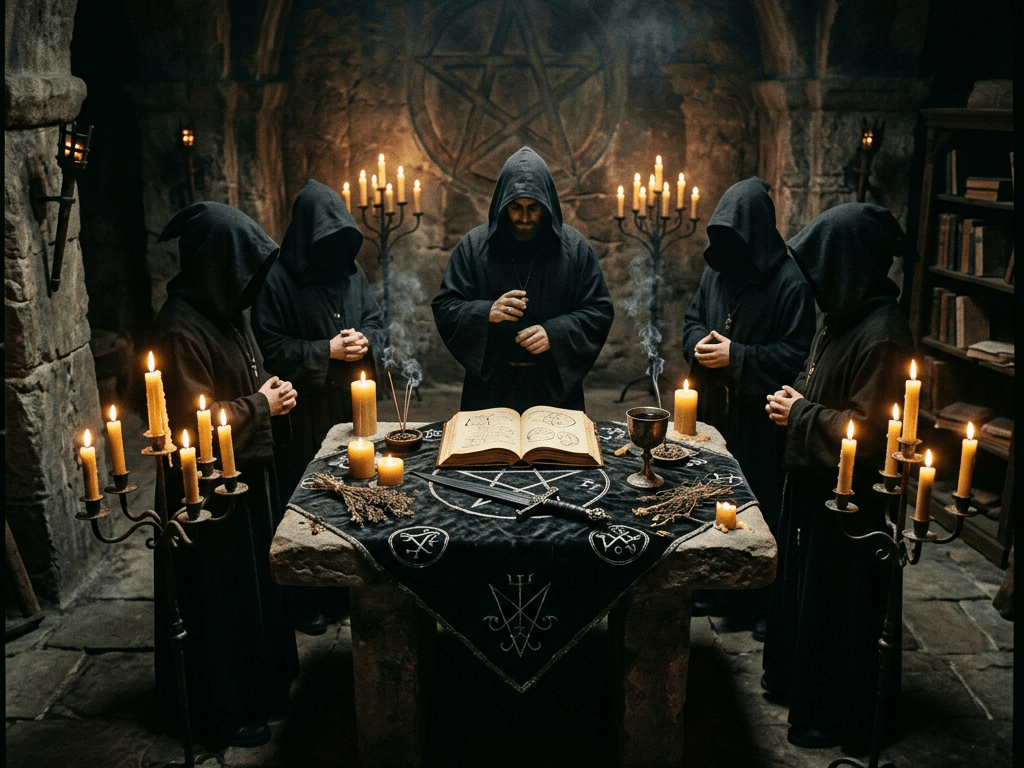 Five hooded figures in robes standing around a stone table with candles and an open book in a dimly lit stone room with a pentagram on the wall