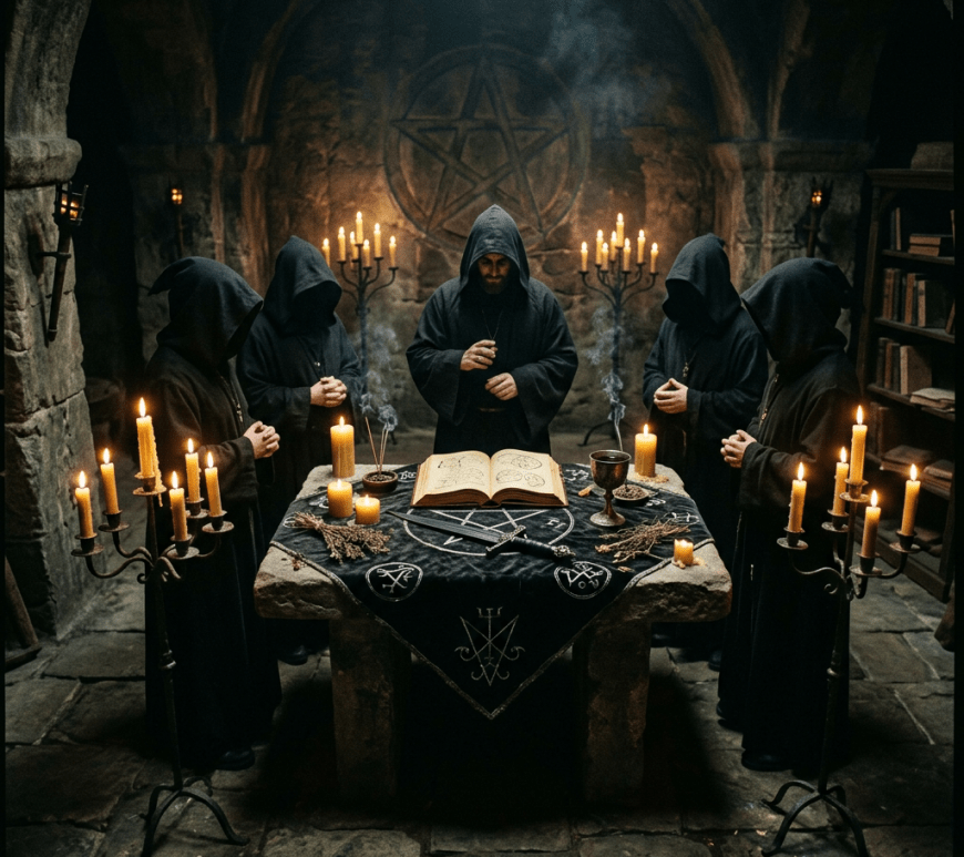 Five hooded figures in robes standing around a stone table with candles and an open book in a dimly lit stone room with a pentagram on the wall