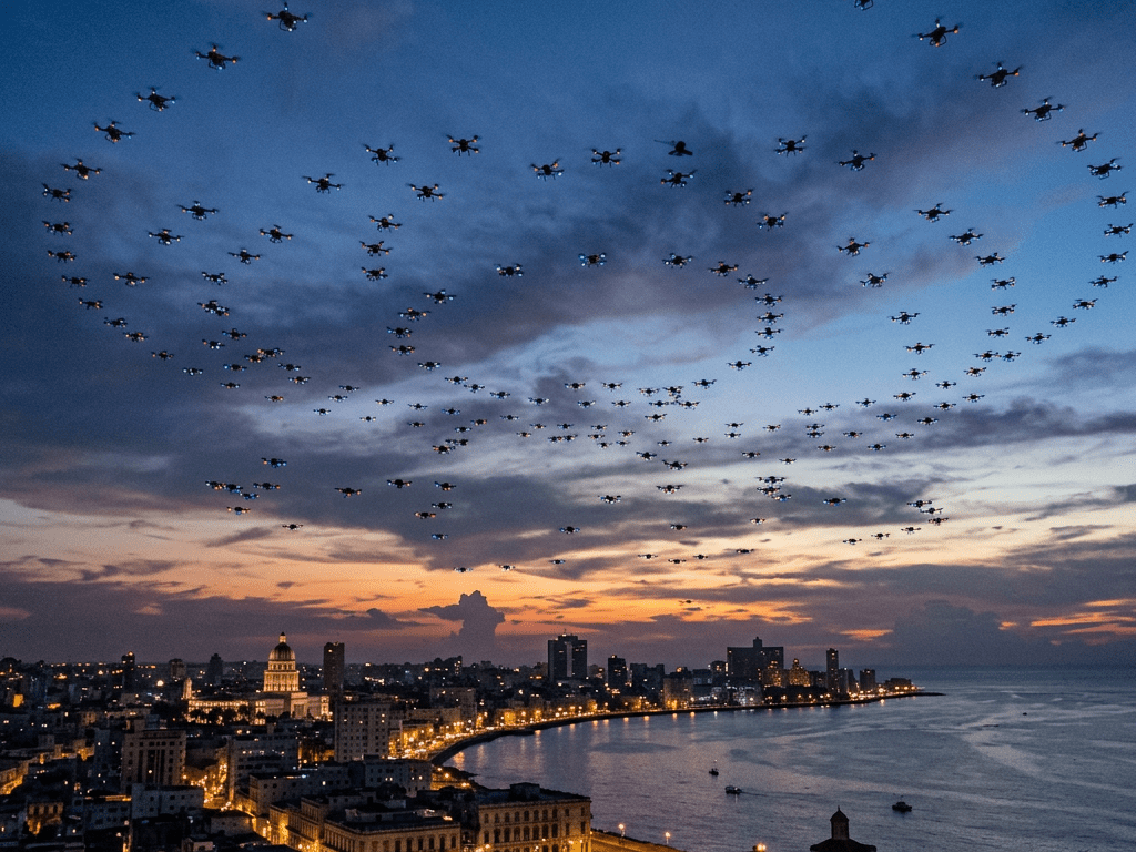Numerous drones creating illuminated spiral formations over Havana coastline at sunset