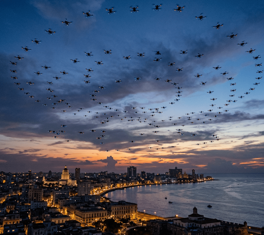 Numerous drones creating illuminated spiral formations over Havana coastline at sunset