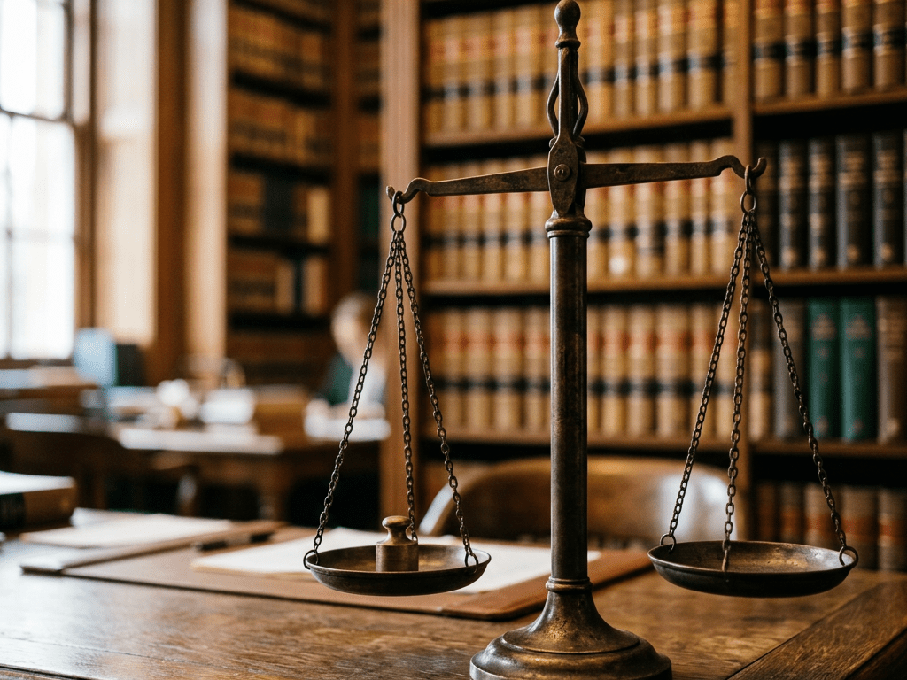 Balance scales on wooden desk with bookshelves in the background