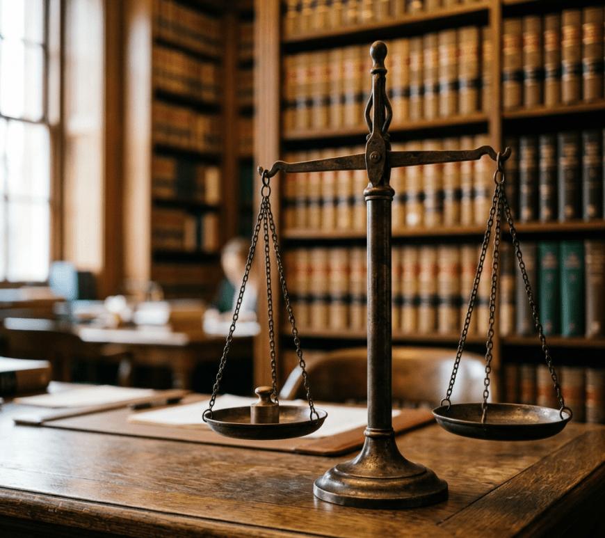Balance scales on wooden desk with bookshelves in the background