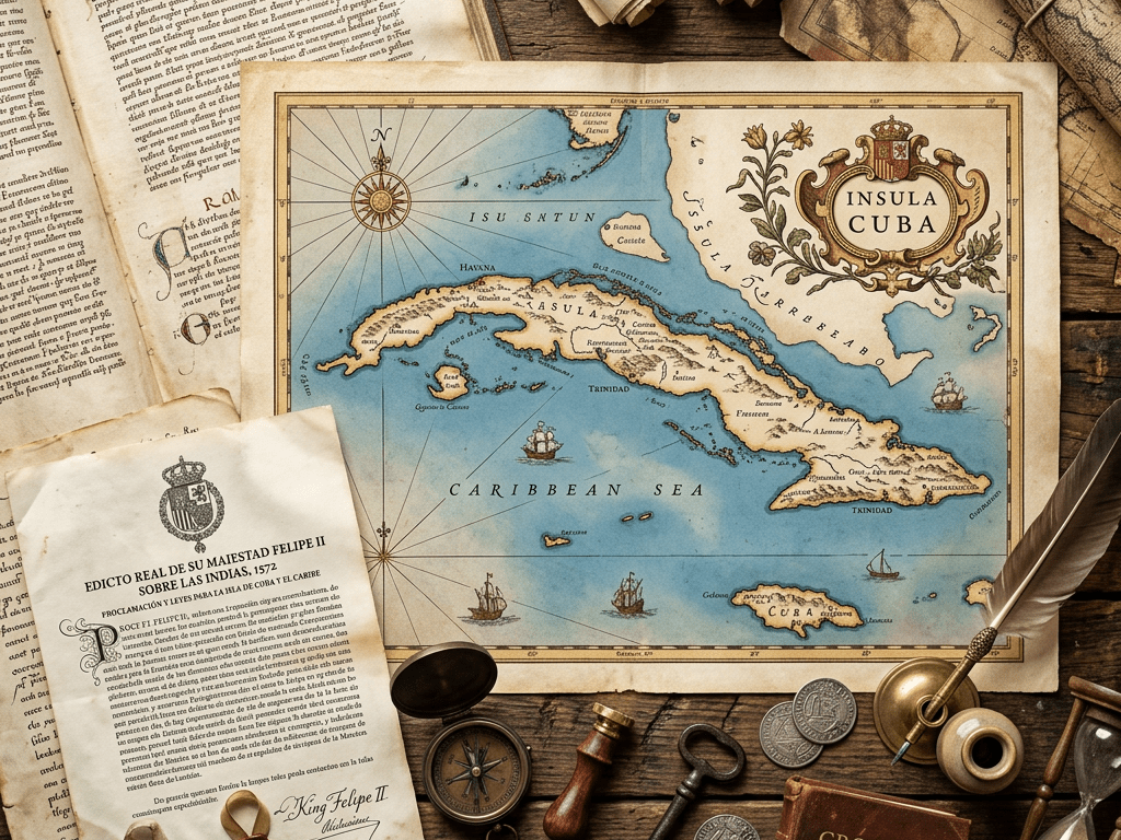 Antique map of Cuba with old documents, compass, coins, key, and quill pen on wooden table