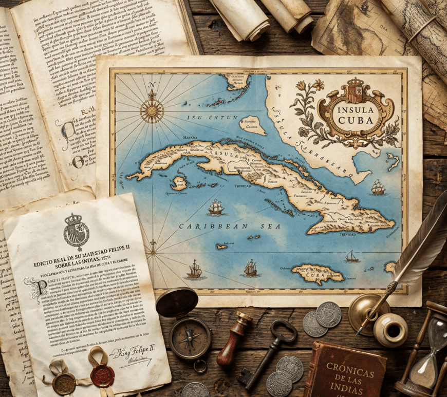 Antique map of Cuba with old documents, compass, coins, key, and quill pen on wooden table