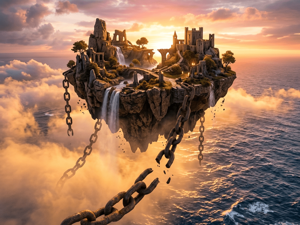 Floating rocky island with castle ruins, waterfalls, trees, and broken chains above ocean at sunset