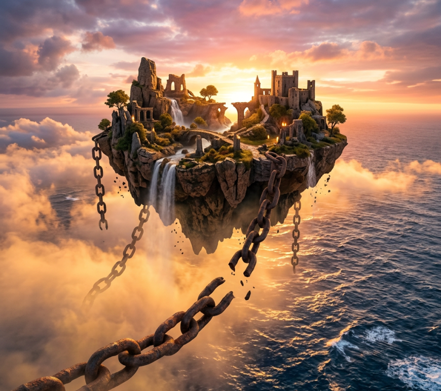 Floating rocky island with castle ruins, waterfalls, trees, and broken chains above ocean at sunset