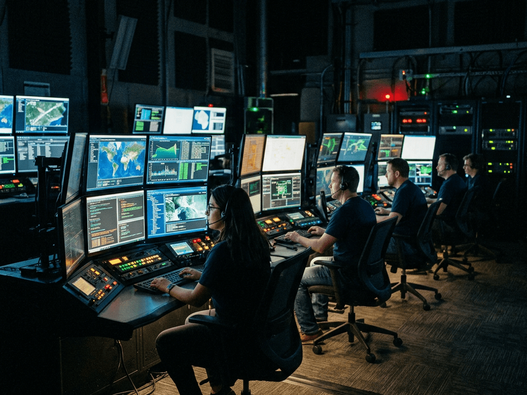 Four operators seated in front of multiple computer monitors displaying maps and data, wearing headsets