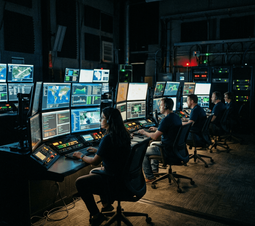 Four operators seated in front of multiple computer monitors displaying maps and data, wearing headsets