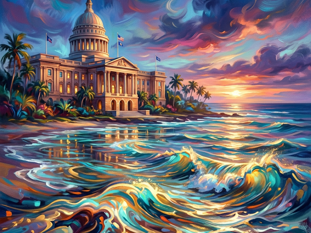 Capitol building with dome near tropical beach and colorful sunset