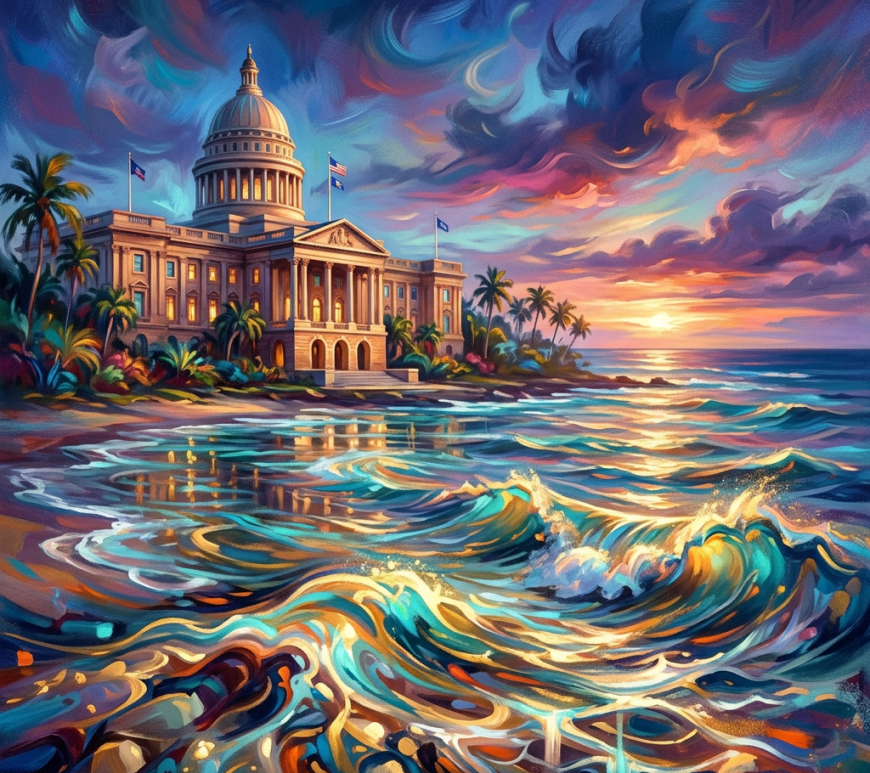 Capitol building with dome near tropical beach and colorful sunset