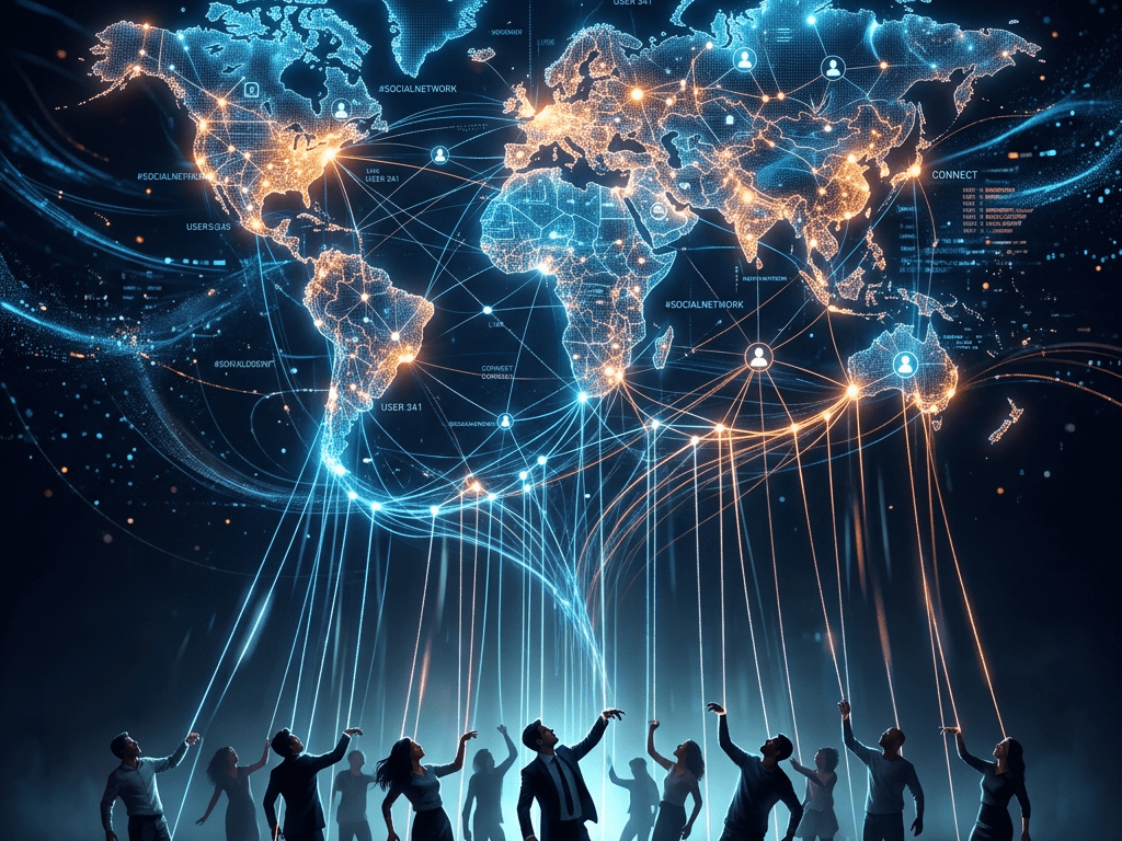 Group of people connected by glowing lines to a digital world map showing social network nodes and data connections