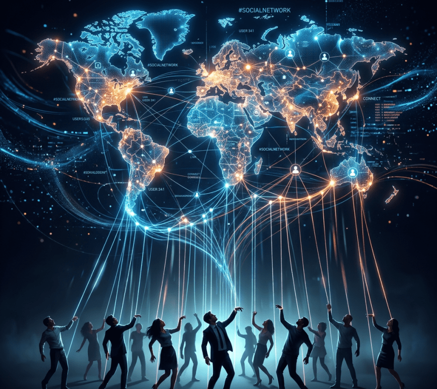 Group of people connected by glowing lines to a digital world map showing social network nodes and data connections