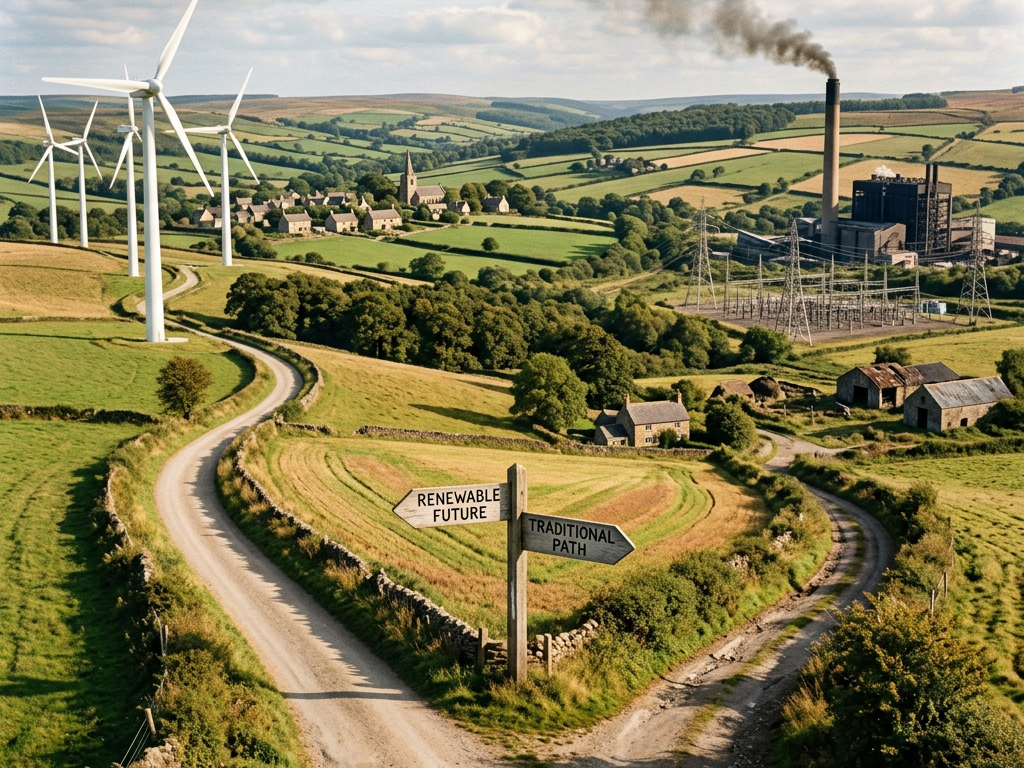 Rural crossroads with sign pointing to renewable future and traditional path, wind turbines on one side, smoky factory on the other