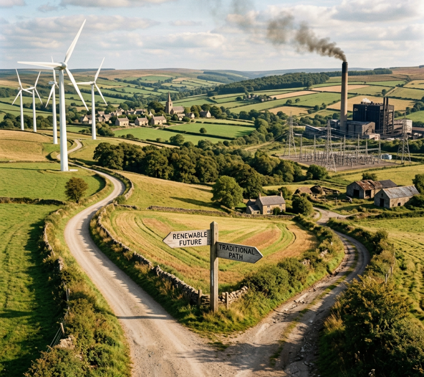 Rural crossroads with sign pointing to renewable future and traditional path, wind turbines on one side, smoky factory on the other