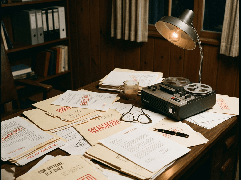 Desk with labeled classified documents, glasses, pen, coffee cup, and tape recorder under a lamp