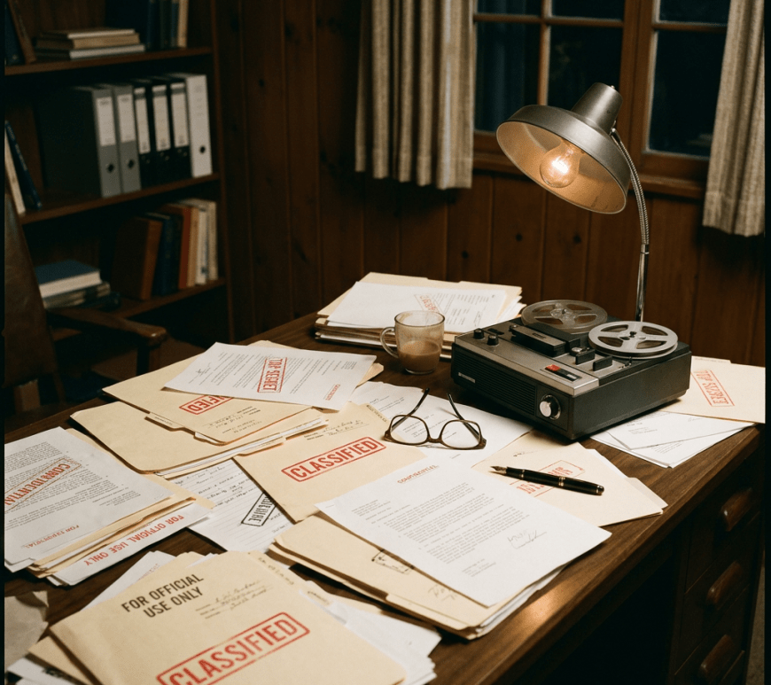 Desk with labeled classified documents, glasses, pen, coffee cup, and tape recorder under a lamp