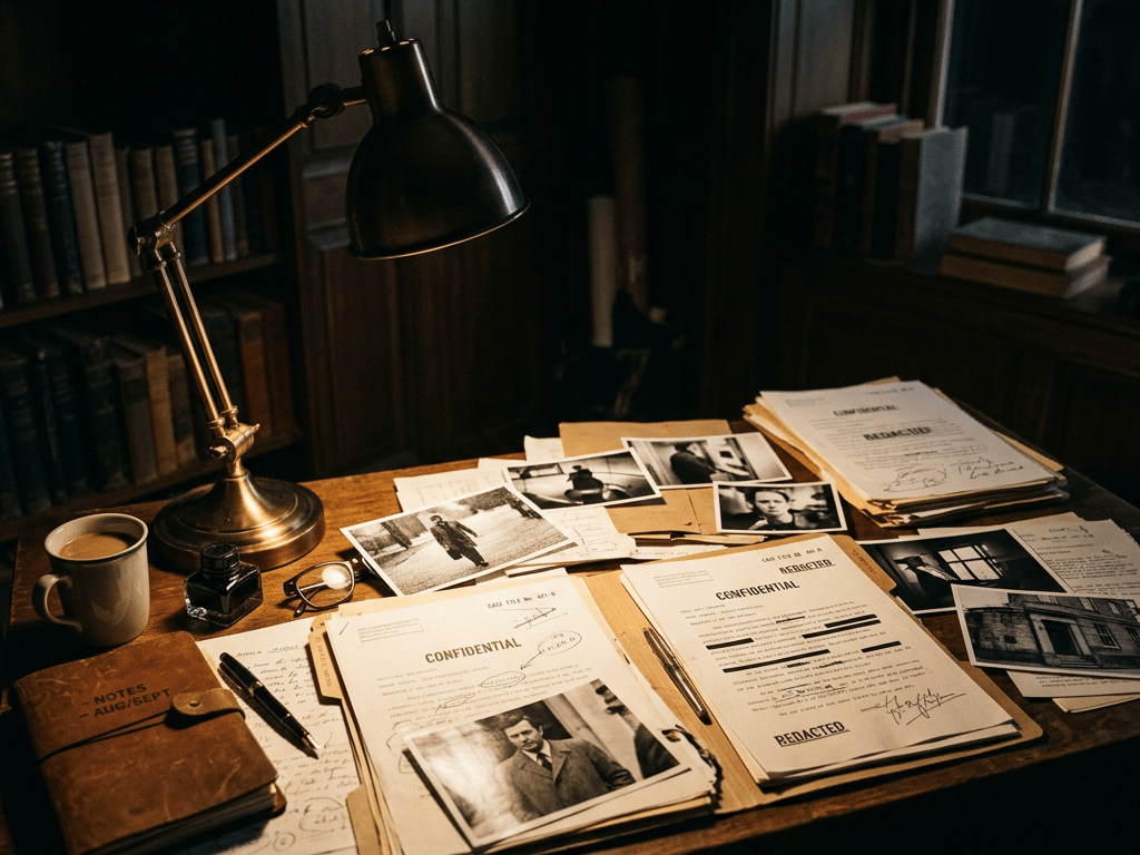 Wooden desk with confidential files, black-and-white photos, notebook, coffee cup, and desk lamp