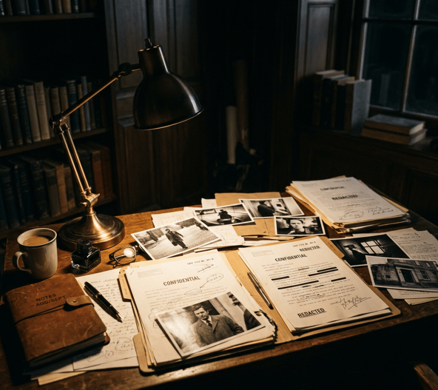 Wooden desk with confidential files, black-and-white photos, notebook, coffee cup, and desk lamp