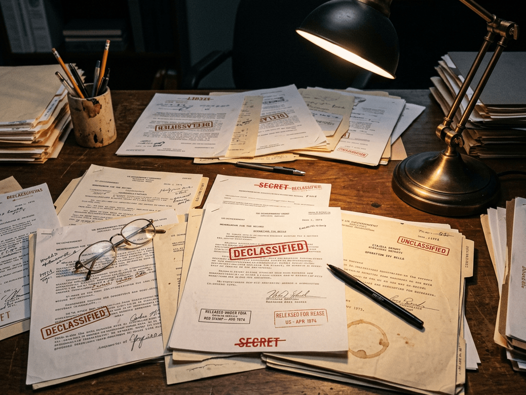 Desk with declassified and unclassified government documents, glasses, pen, and desk lamp