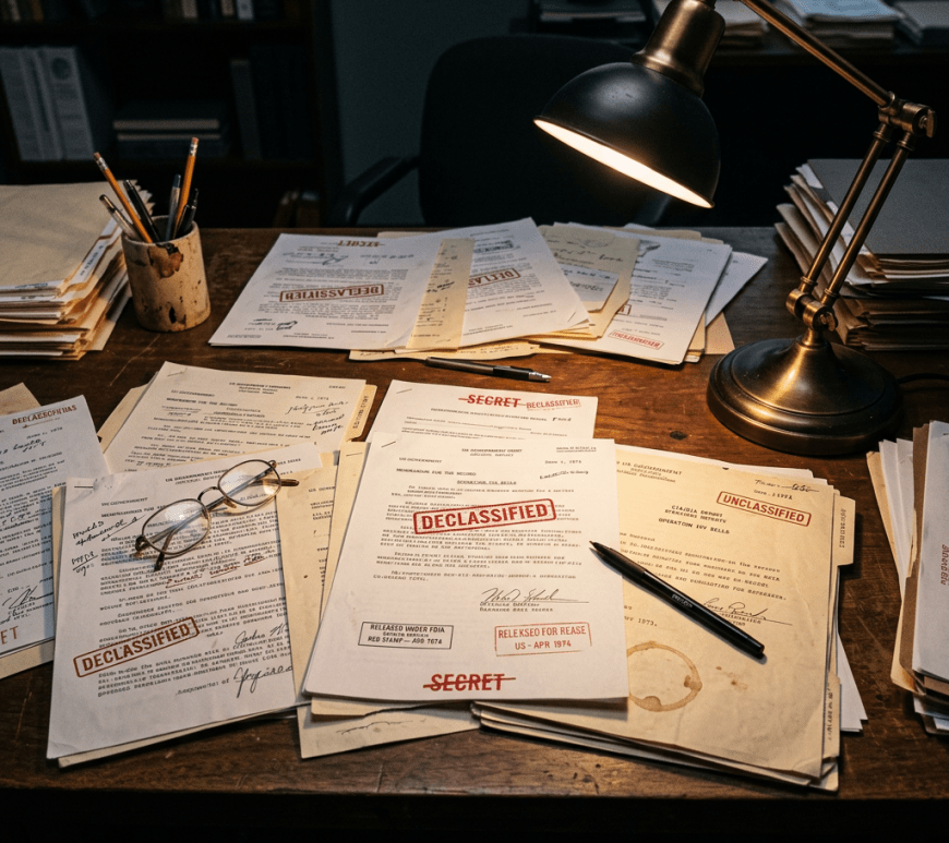Desk with declassified and unclassified government documents, glasses, pen, and desk lamp