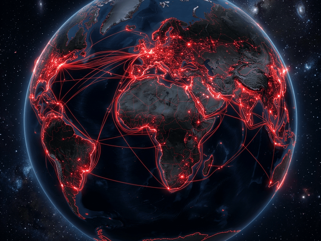 Earth with illuminated digital network connections spanning across continents