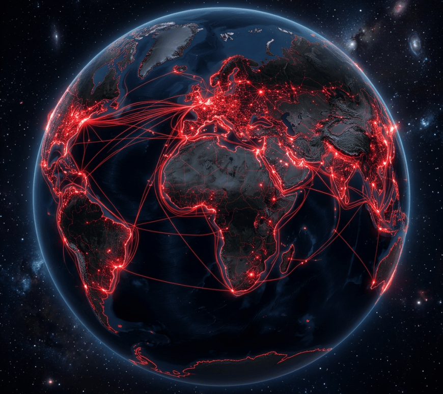 Earth with illuminated digital network connections spanning across continents