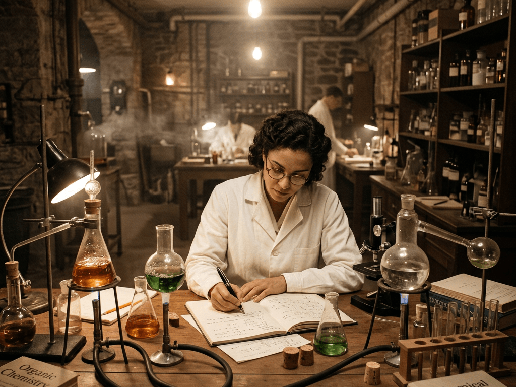 Scientist writing notes at a lab table with vintage chemistry glassware and books