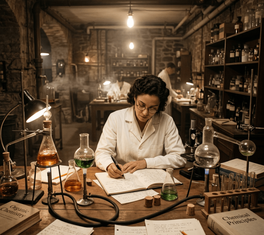 Scientist writing notes at a lab table with vintage chemistry glassware and books