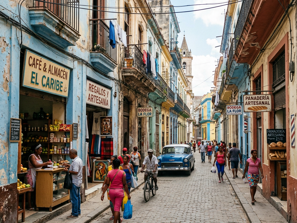 Street with people walking, vintage car, and colorful colonial buildings with market signs