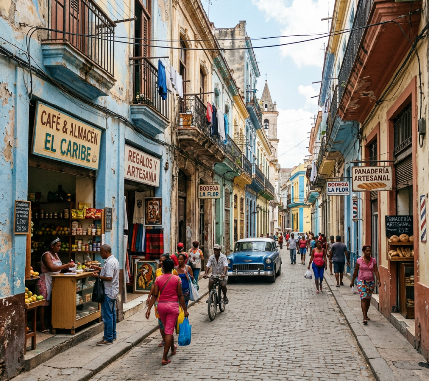 Street with people walking, vintage car, and colorful colonial buildings with market signs