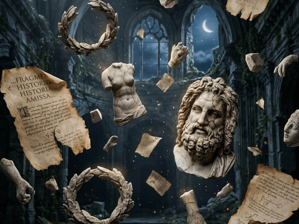 Floating marble bust, statue fragments, laurel wreaths, and ancient text pages in a dark ruined hall