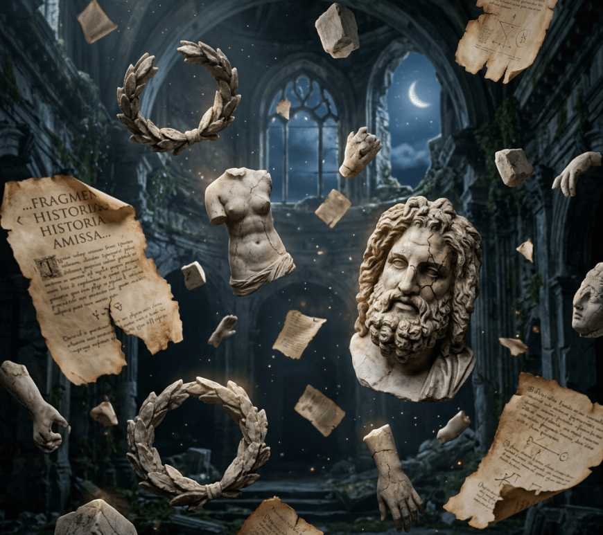 Floating marble bust, statue fragments, laurel wreaths, and ancient text pages in a dark ruined hall