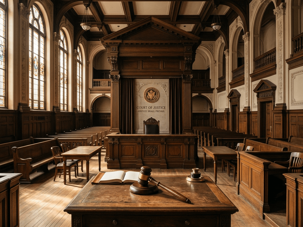 Empty courthouse interior with wooden judge's bench, gavel, and seating