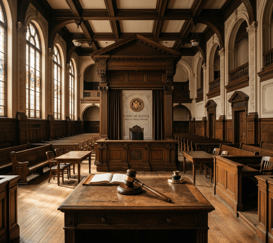 Empty courthouse interior with wooden judge's bench, gavel, and seating