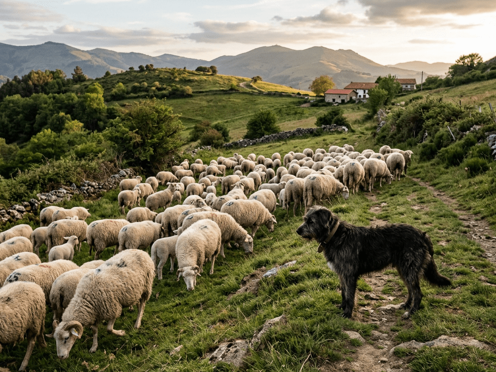 Herding dog standing on a path beside grazing sheep on green hill with mountains and houses in background