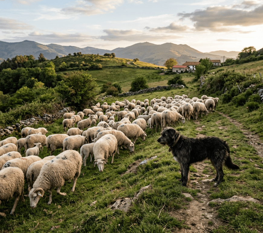 Herding dog standing on a path beside grazing sheep on green hill with mountains and houses in background