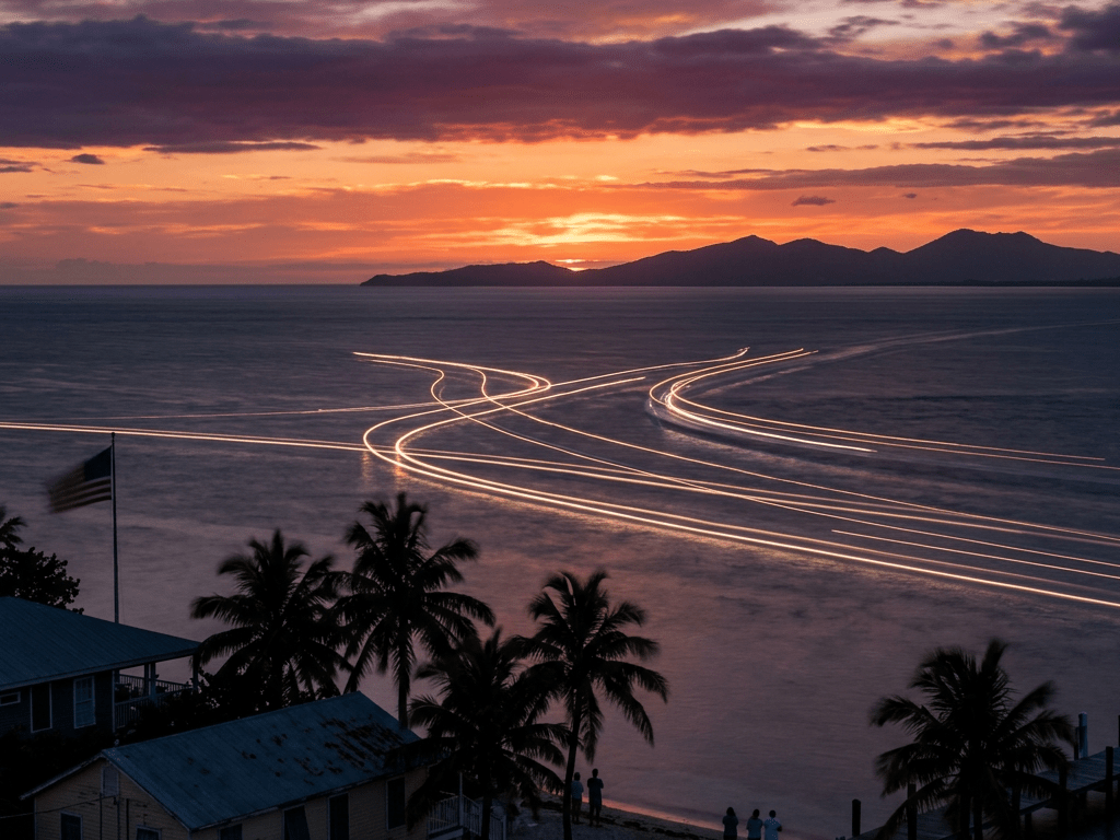 Glowing light trails on ocean water at sunset with silhouetted palm trees and small houses on shore
