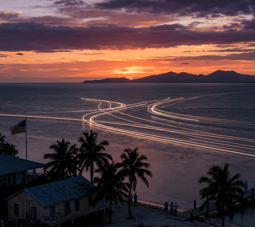 Glowing light trails on ocean water at sunset with silhouetted palm trees and small houses on shore
