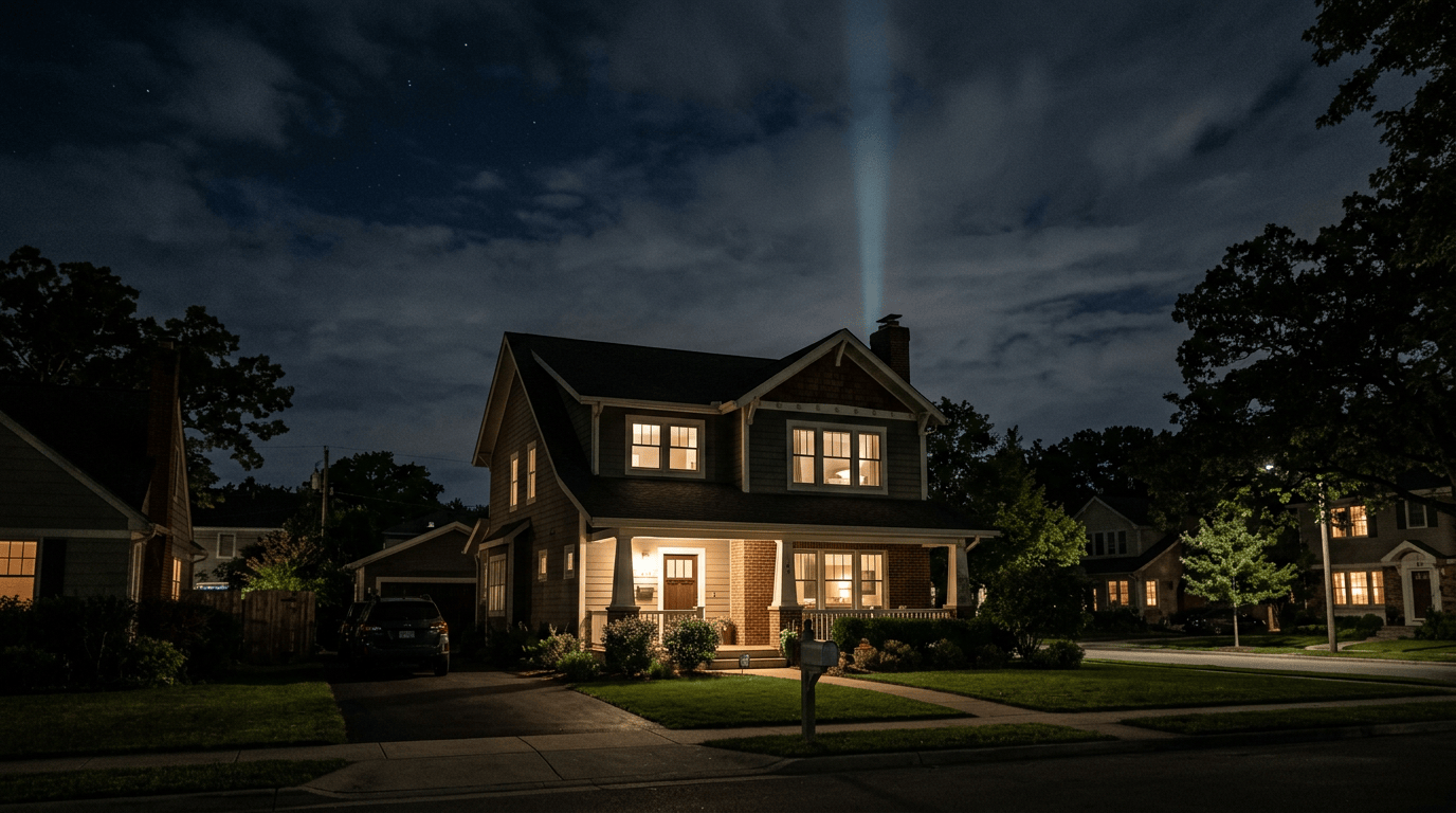 Two-story suburban house illuminated at night with light beam from chimney