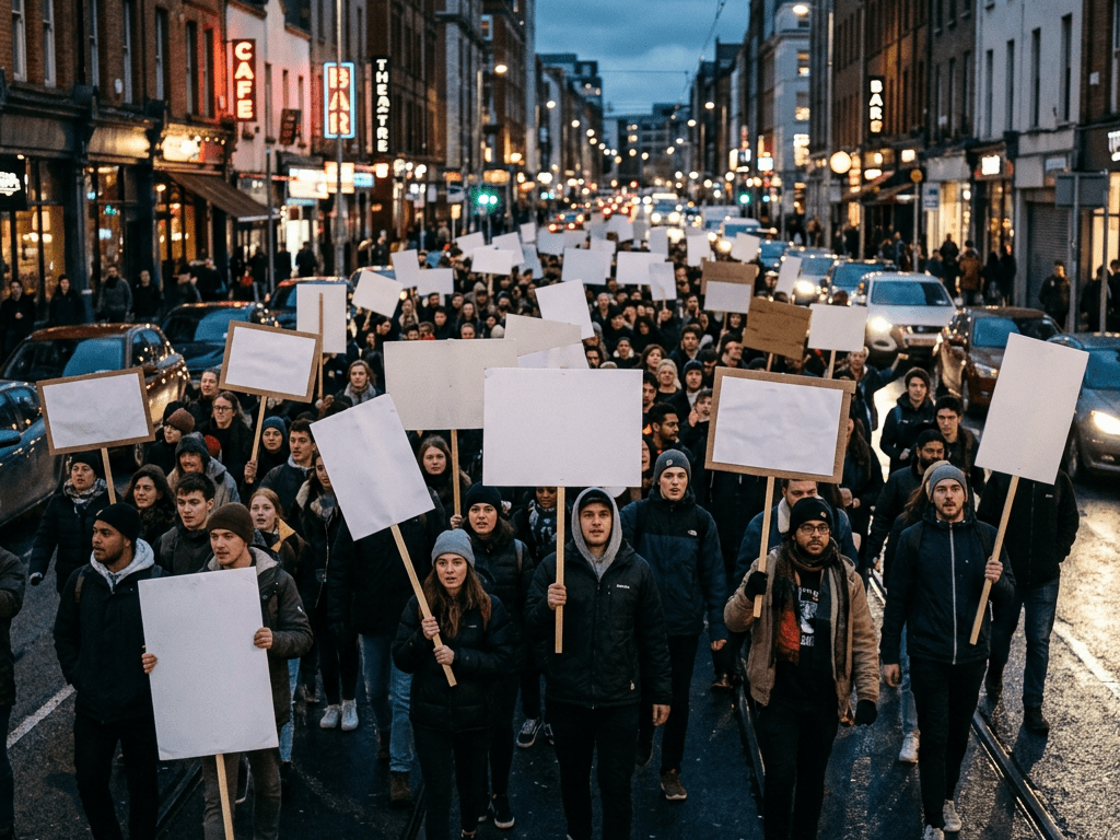 Crowd of people walking down city street holding blank protest signs in evening