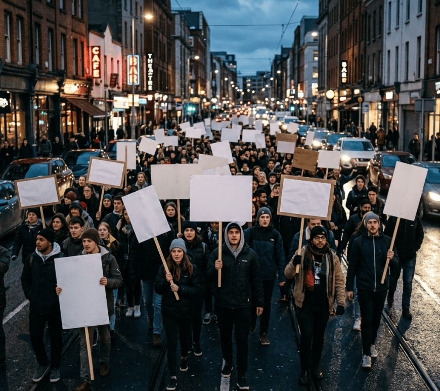 Crowd of people walking down city street holding blank protest signs in evening