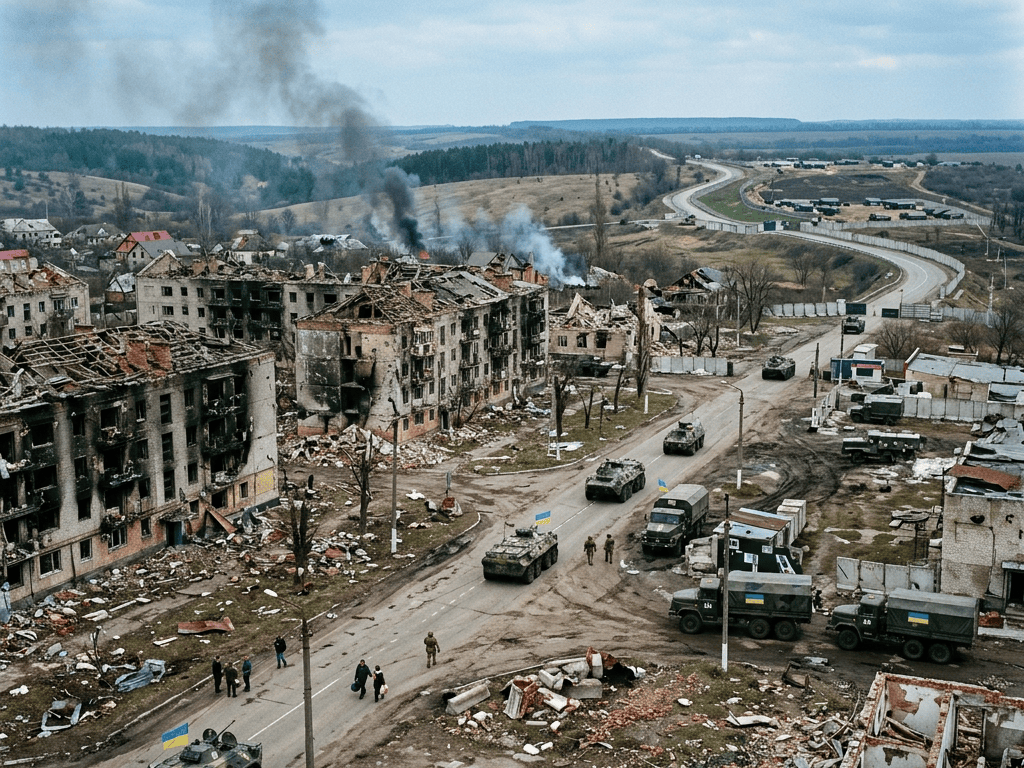 Ukrainian armored vehicles and soldiers driving down a road in a devastated town with burned buildings and smoke