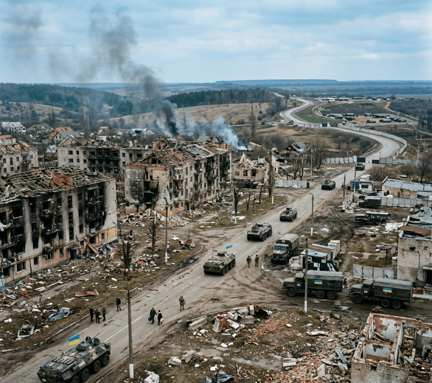 Ukrainian armored vehicles and soldiers driving down a road in a devastated town with burned buildings and smoke