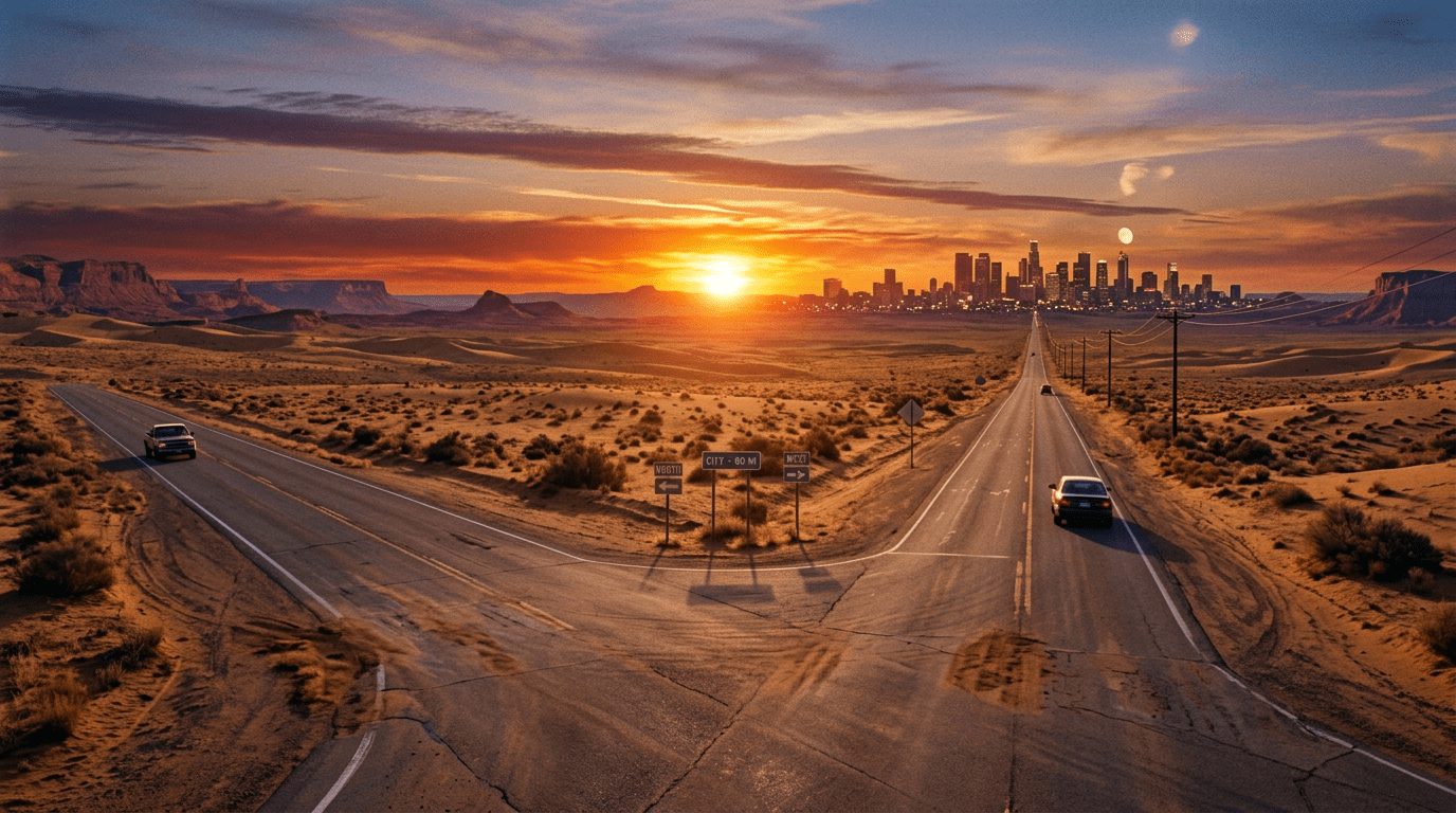 Desert road fork with two cars and city skyline at sunset