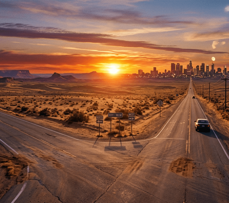 Desert road fork with two cars and city skyline at sunset